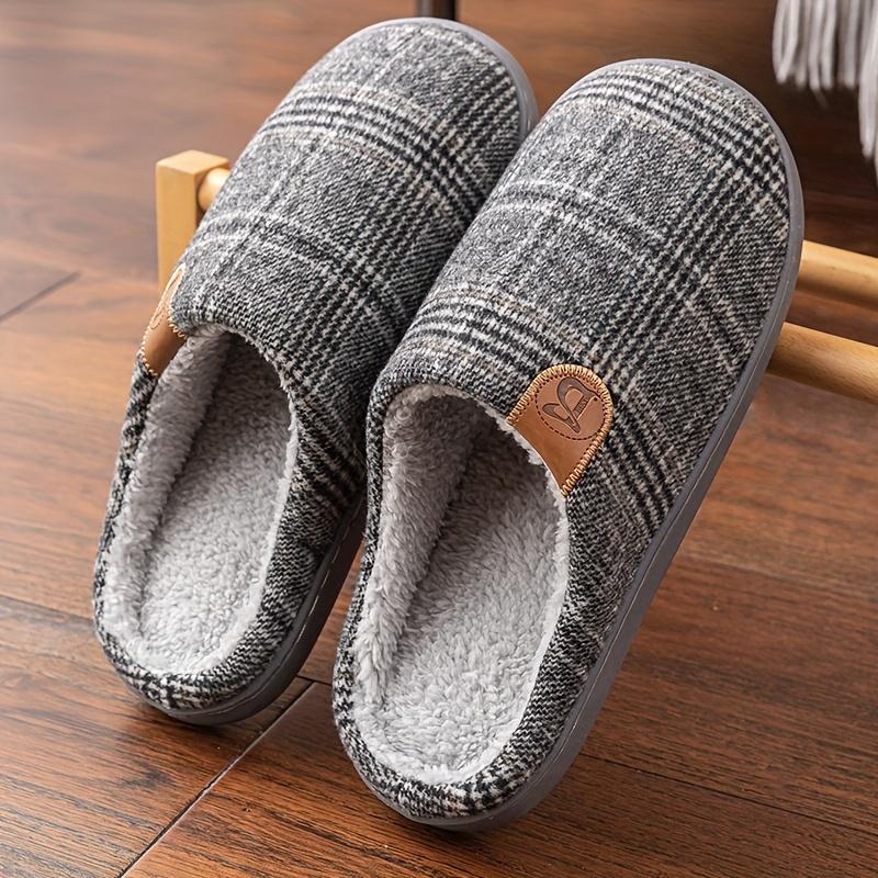 Soft Warm Vintage Plaid Fleece Men'S & Women'S Slippers, Minimalist Solid Color with Alphabet Pattern, Round Toe Slip-On Shoes for Fall, Spring,Winter