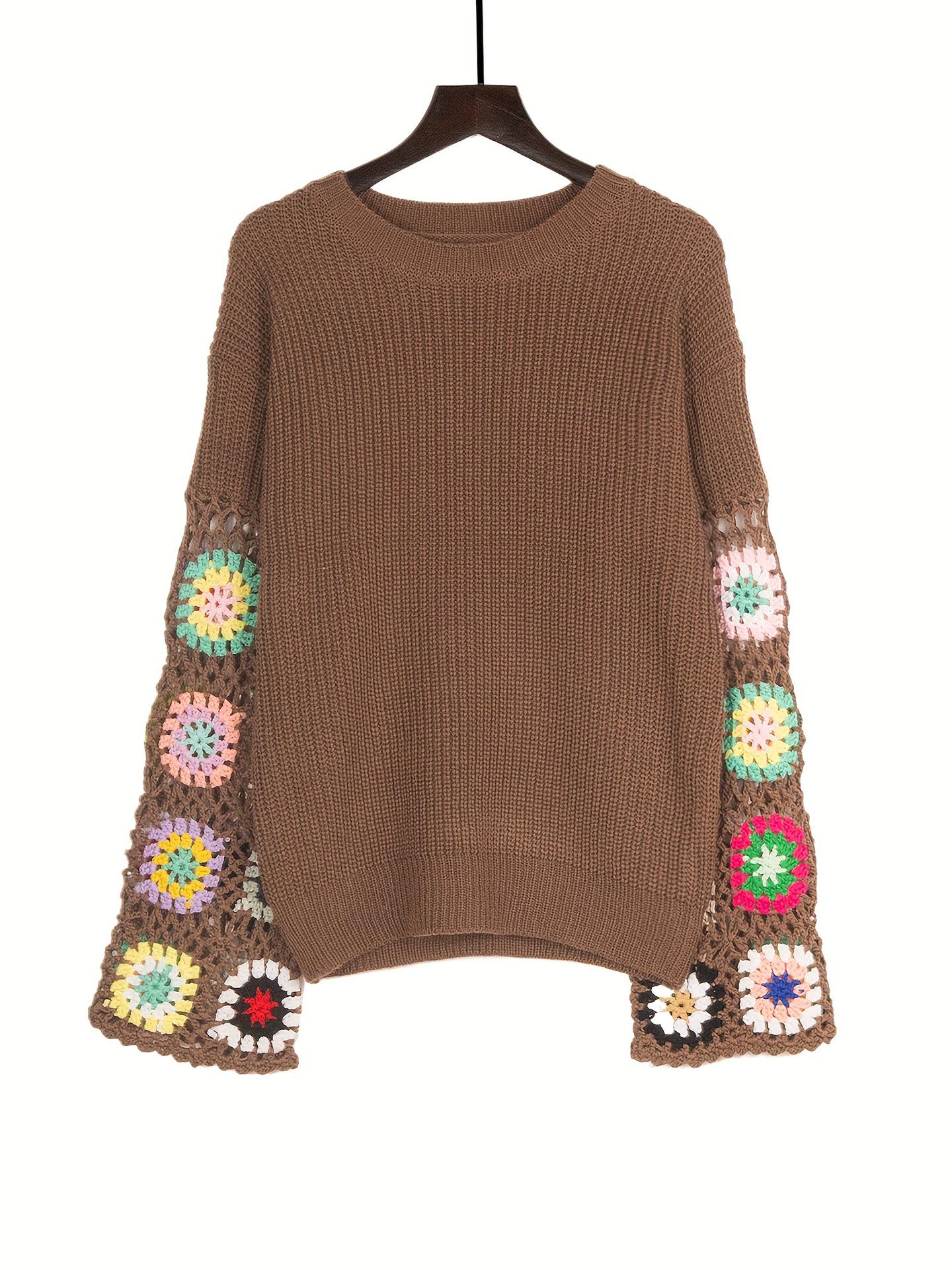 Вязаный свитер смешанных цветов с рукавами-трубами и цветочным узором ручной работы женский осенне-зимний пуловер с круглым вырезом Small кофейный 2569₽