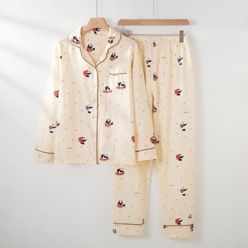 Женская двухслойная хлопковая марлевая пижама - Дышащая, с длинным рукавом и брюками, воротник-стойка, для весны, лета, осени. XL