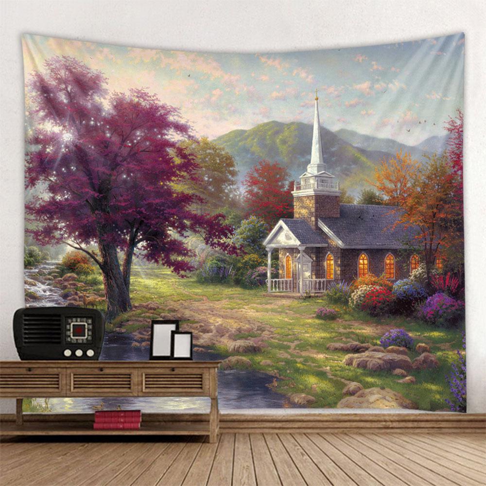 Landscape oil painting tapestry wall hanging forest yoga bed sheet blanket bedroom living room home decoration background poster