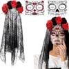 Party Ready Gothic Lace Hairpiece Set with Rose Trim and Matching Gloves for Halloween Cosplay Costume Looks and Photos
