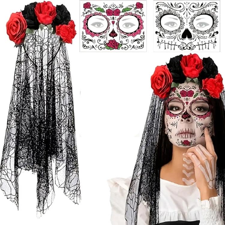 Party Ready Gothic Lace Hairpiece Set with Rose Trim and Matching Gloves for Halloween Cosplay Costume Looks and Photos