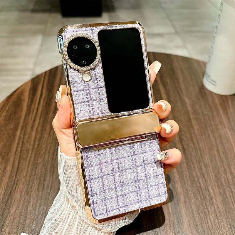 For Oppo Find N3 Flip 5G Case Plaid Texture Rhinestone Decor Hinge Protection PC Phone Cover