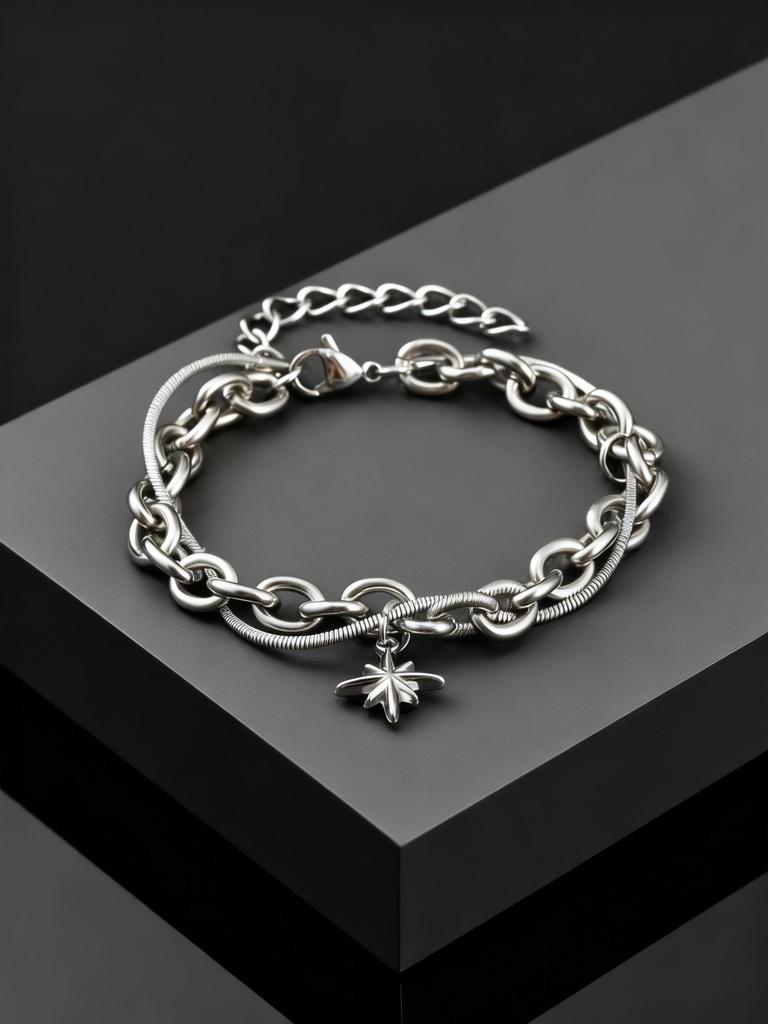 Retro Silver Color Stainless Steel Double-layer Bracelet for Men, Hip Hop Punk Style Star Charm Bracelets, Fashion Cool Jewelry