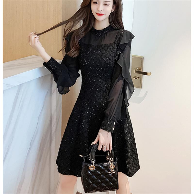 Elegant Bodycon Sexy Women's Dress for Women Long Sleeve Chiffon Ruffles Patchwork A-line Dresses Woman Robe Femme Ladies Black