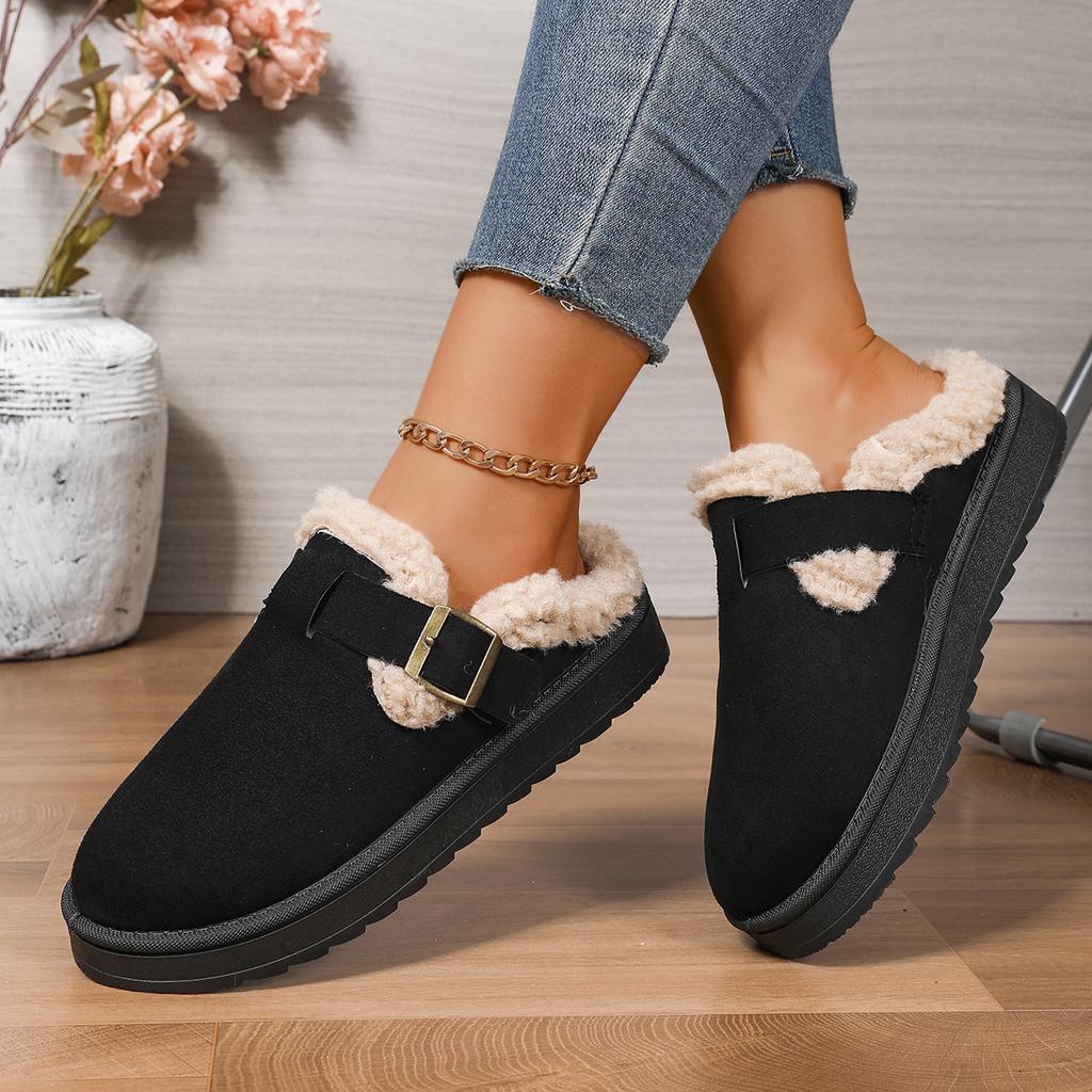 Fashion Women Brown Suede Closed Toe Mule Slippers Lined Buckle Strap Platform Winter Warm Comfortable Casual Slip on Shoes for women