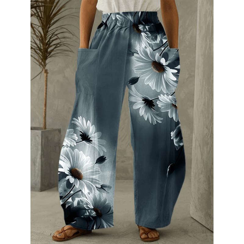 Flower Print Straight Leg Trousers, Casual Everyday Trousers with Elastic Waist