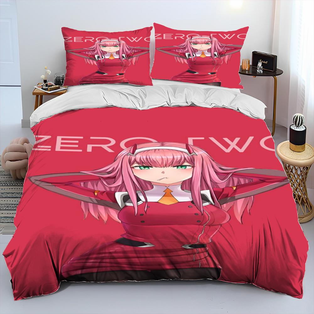 Zero Two DARLING In The FRANXX Anime-Bettwäscheset, Bettbezug, Bettbezug, Kissenbezug, Queen-Size-Bettwäscheset für Kinder