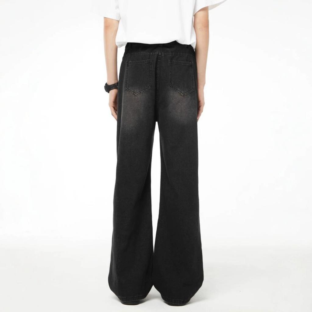 American high street black ripped jeans men's and women's summer new ins trendy brand straight loose mopping wide-leg pants