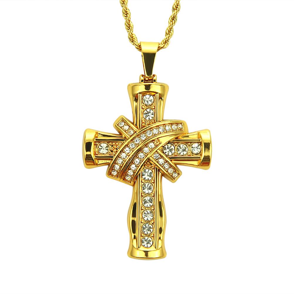 Men's Diamond-Studded 3D Cross Pendant Necklace - European & American Hip-Hop Style