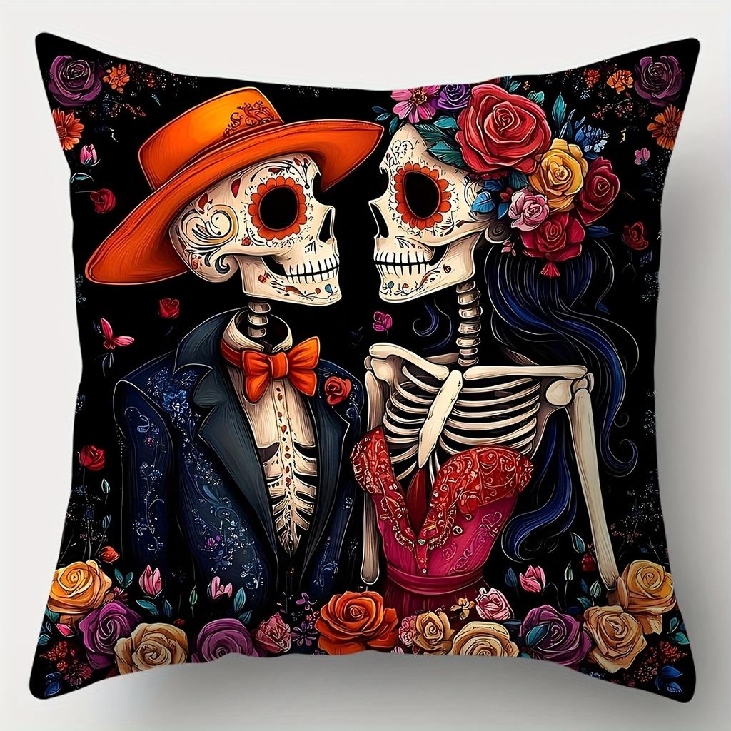4Pcs Halloween Pillow Covers Romantic Skull Couple Pattern Double-Sided Printed 17.72X17.72Inch Polyester Sofa