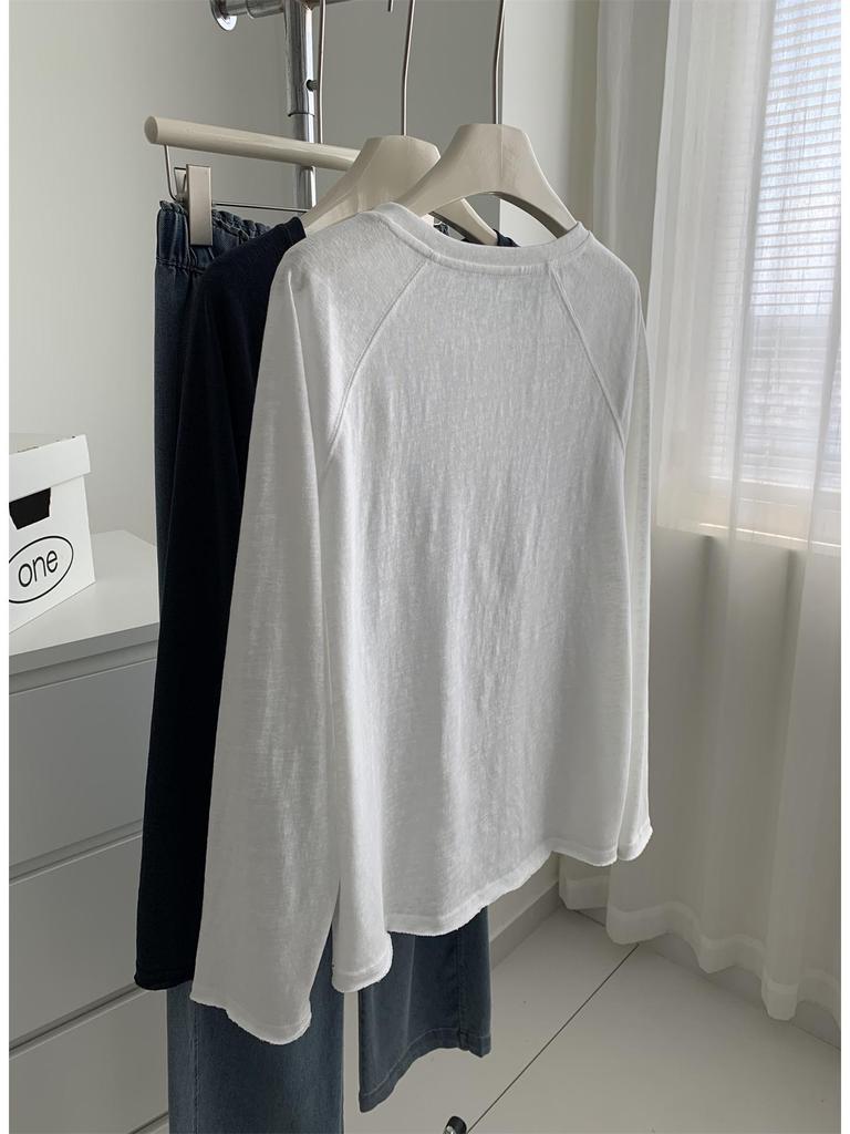 Damen Plus Size Koreanischer Stil Henley-Kragen Langarm Baumwoll-T-Shirt, 240 Jin, Figurschmeichelnder Schnitt, Einfarbige Basis Schicht