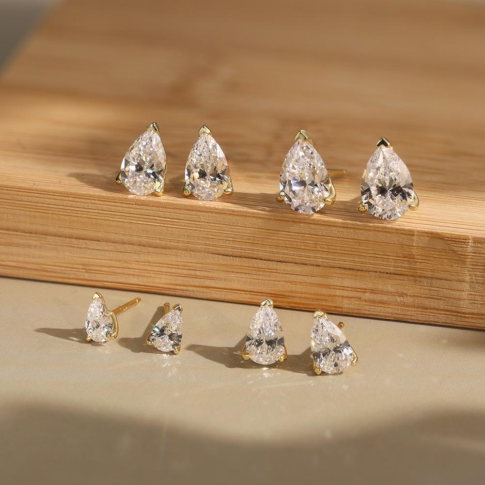 RINNTIN LZE02 Fine Jewelry Earrings 925 Sterling Silver 14k Gold Plated 8A Premium Cubic Zirconia Pear Cut Stud Earring