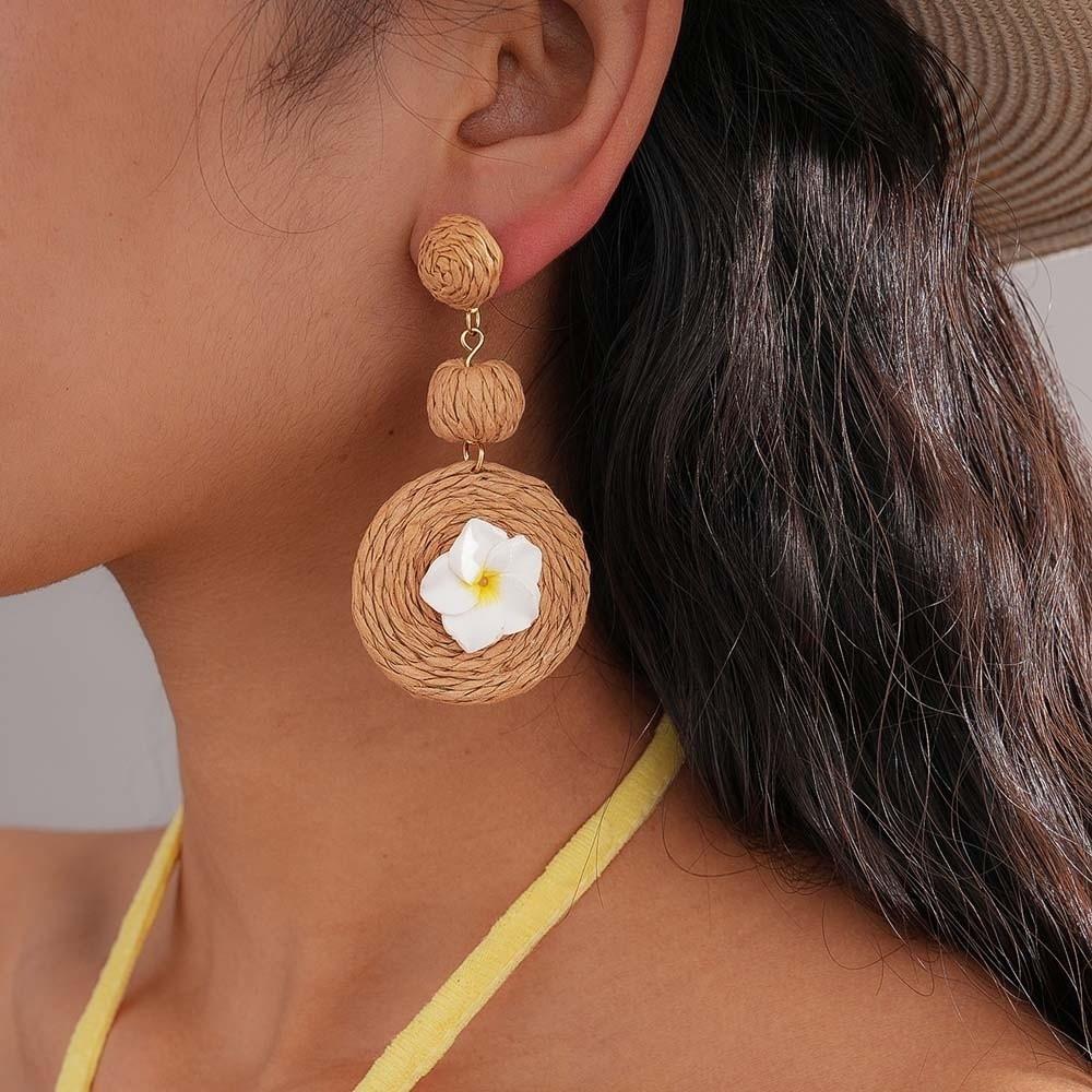 1 pair Ethnic Style Egg Flower Earrings Bohemian Style Raffia Grass Earrings  Women