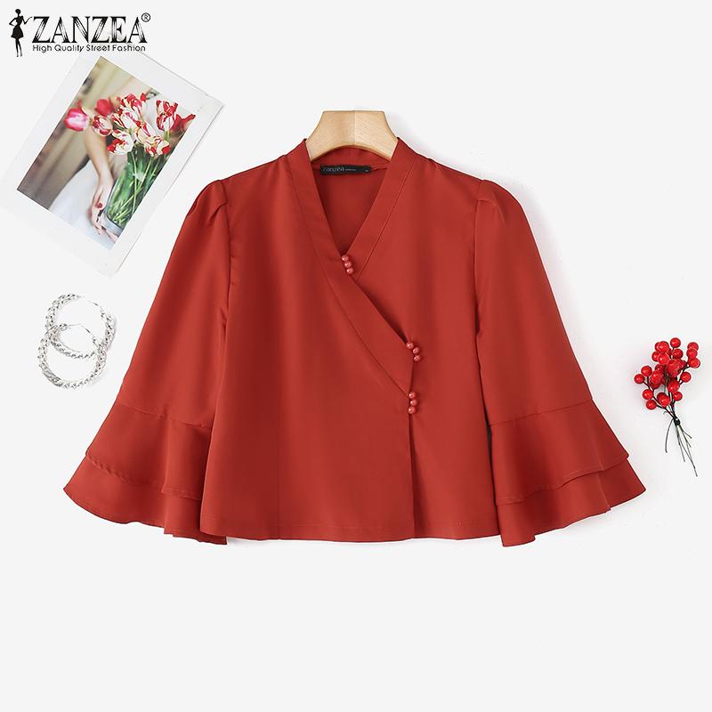 ZANZEA Womens Casual V-Neck Flare 3/4 Sleeve Loose Plain Blouse