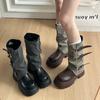Fashion Winter Fashion Platform Heels Women Knight Boots Fashion Belt Buckle Slip On Shoes Ladies Elegant Mid Calf Booties