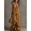 Women S Vintage Bohemian V Neck Short Sleeve Ruffled Long Dress