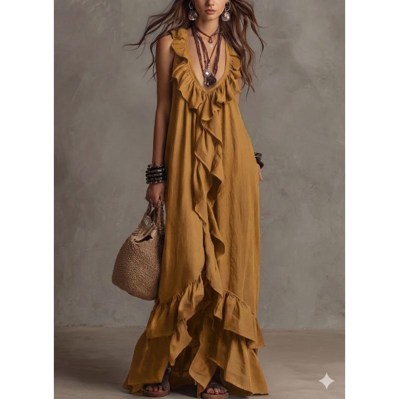 Women S Vintage Bohemian V Neck Short Sleeve Ruffled Long Dress