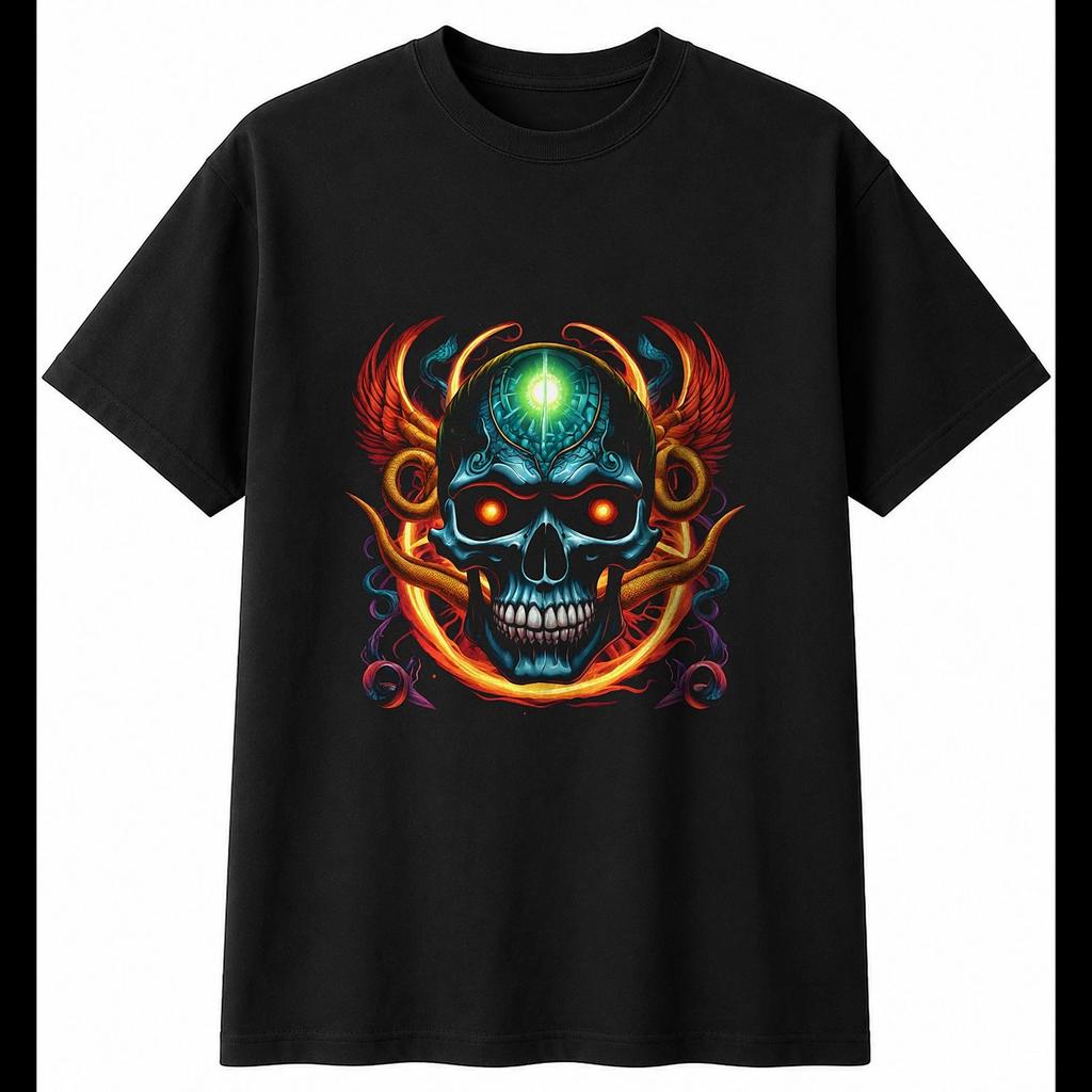 Tattoo Skull And Serpent Sunbeams Mens T-Shirt Gothic Black 100% Cotton Printed