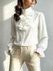 European and American Temperament Commuter Stand-up Collar Long-sleeved Polyester Shirt Women's Elegant Style Autumn New Solid Color Versatile Top