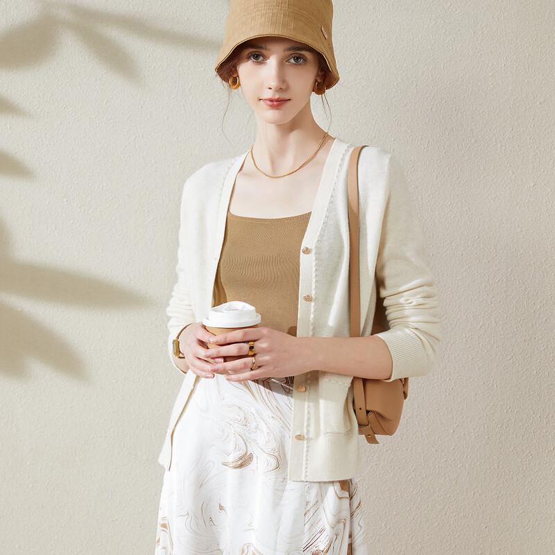 TUHUANG Women's V-Neck 100% Wool Cardigan with Pockets