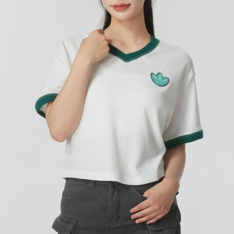 Adidas Originals Color Block Cropped V-Neck T-Shirt Women Tops White JI7239