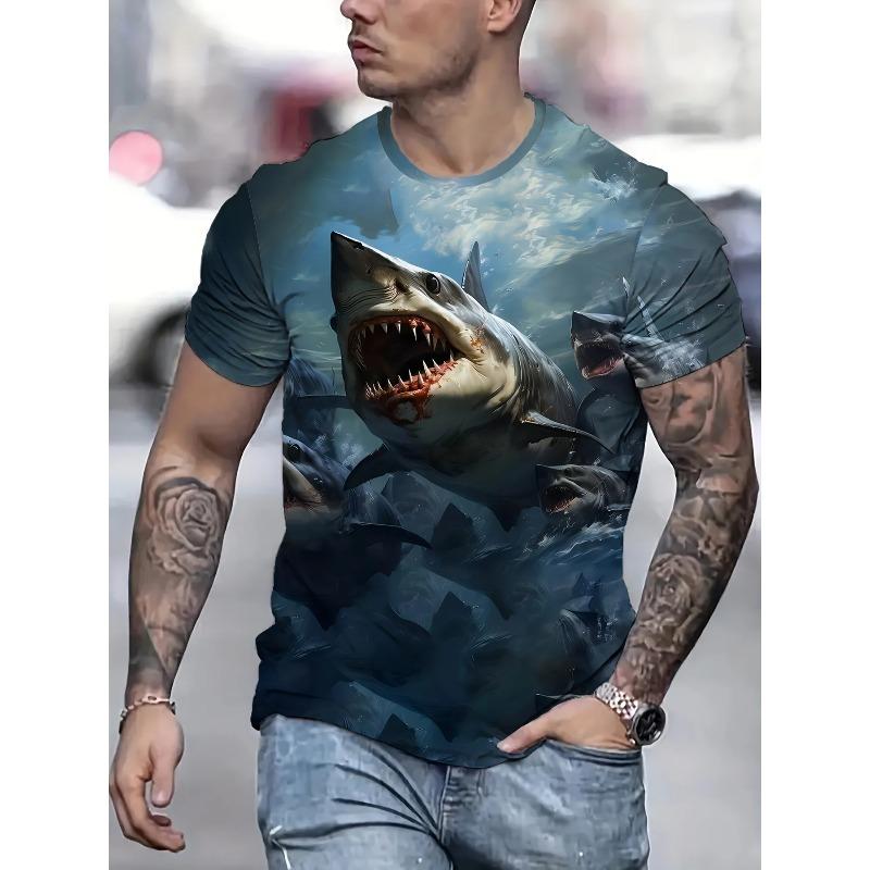 Plus Size Men's Shark Graphic Print T-shirt For Summer, Men's Clothing Soft Slight Stretch Polyester Fabric Casual Comfy Tees