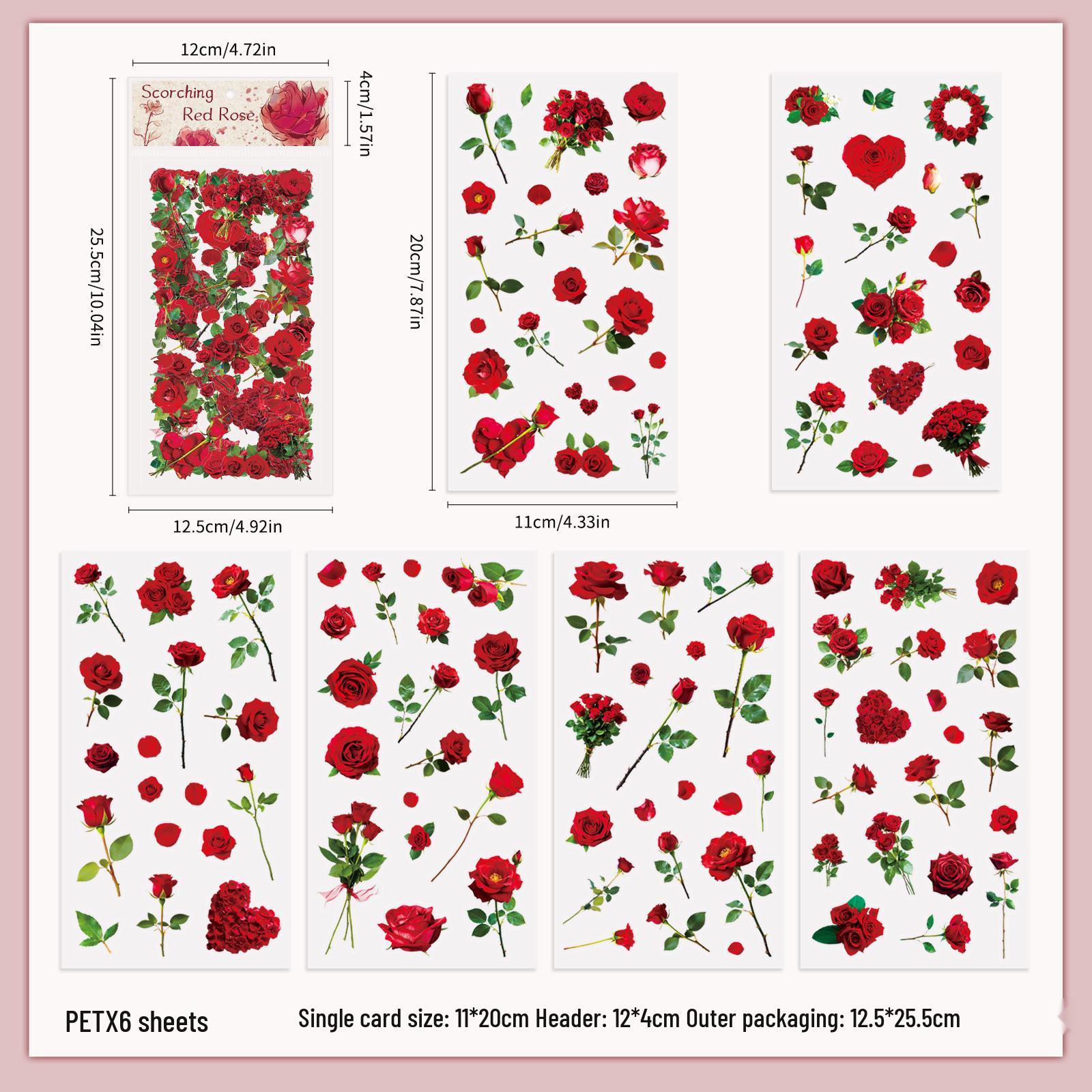 6 Sheets Red Rose Waterproof PET Stickers for DIY Journal Decoration