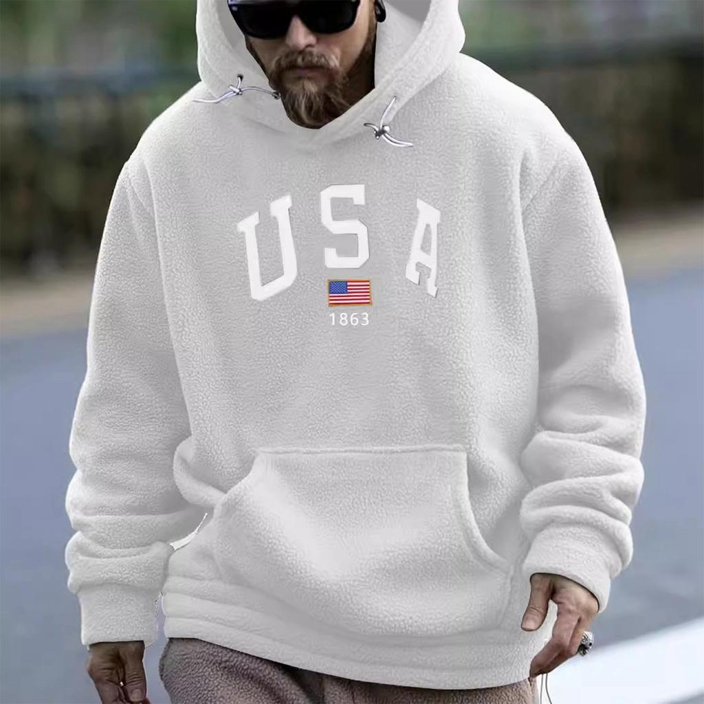 Men's Loose Printed Fleece Hooded Sweatshirt Men's Casual Fashion Sports Pullover Sweatshirt