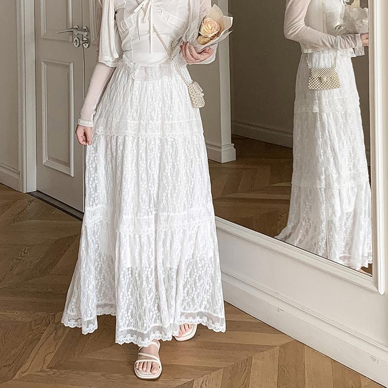 White Lace Embroidered Autumn Skirt Elegant Cake Hem Long Design