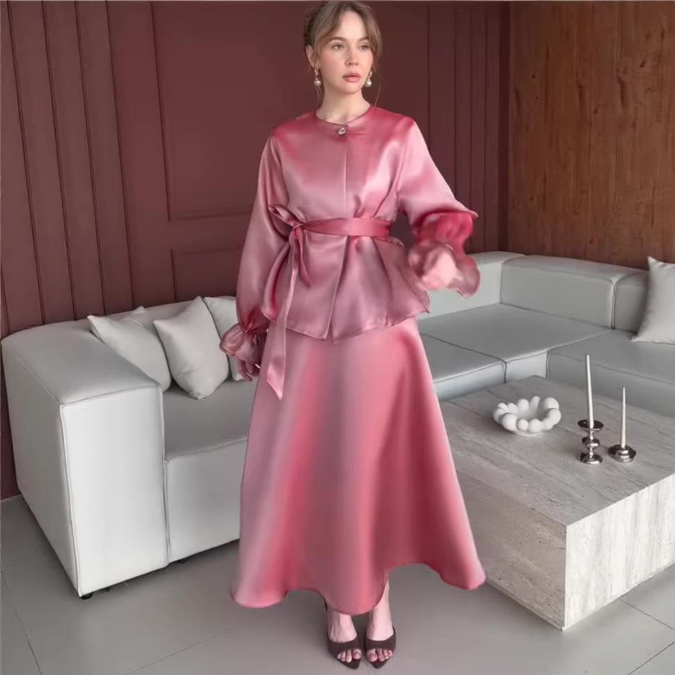 Cross-border European and American women's clothing Amazon sexy round neck satin lace-up long-sleeved French sweet straight skirt