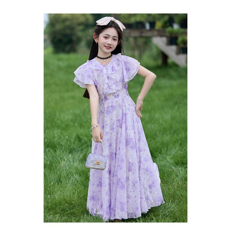 Mädchen Sommerkleid mit Blumenprint, Prinzessinnenstil, kurzärmelig, A-Linie, für größere Kinder
