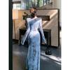 Spring temperament V-neck blue printed long-sleeved celebrity sexy dress casual design show figure fishtail dress