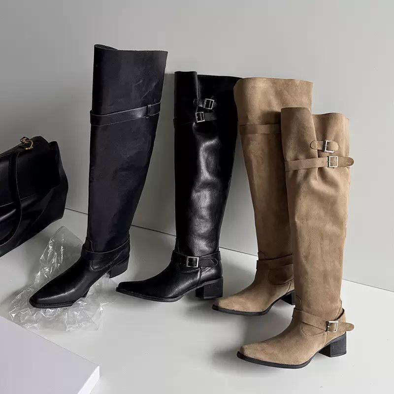 Cowhide Edition~ Retro Suede Pointed Tall Knight Boots Women's Thick Heel Skinny Boots Spice Girl Pleated Pile Boots
