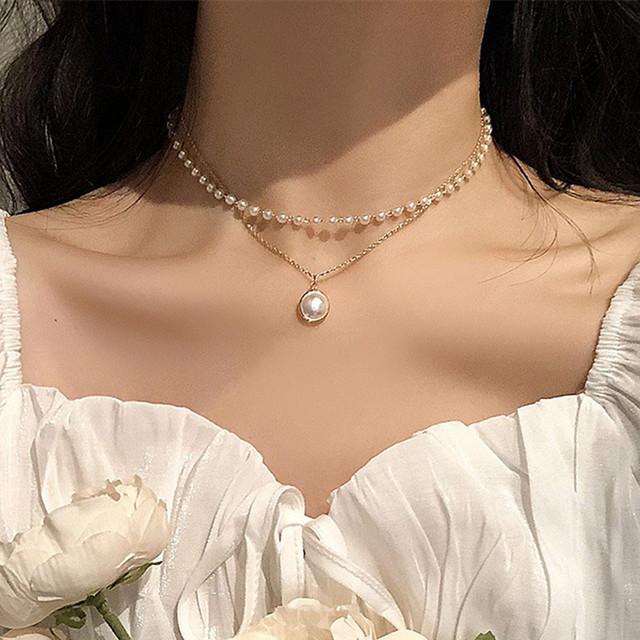 Fashion Chain Pearl Necklace for Women Baroque Pearl Metal Charm Pendant Necklaces Choker Snake Chain Jewelry Gold Silver Color