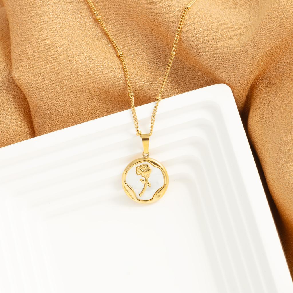 Round Brand Flower Zircon Pendant for Women's Fashion Stainless Steel Golden Charm Low Allergy Jewelry Gift Party Necklace