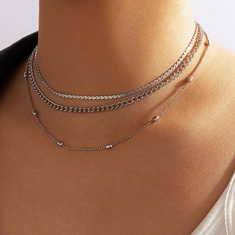Fashion Metal Sweater Chain, Round Bead Chain Three-layer Necklace, Simple Geometric Collarbone Chain