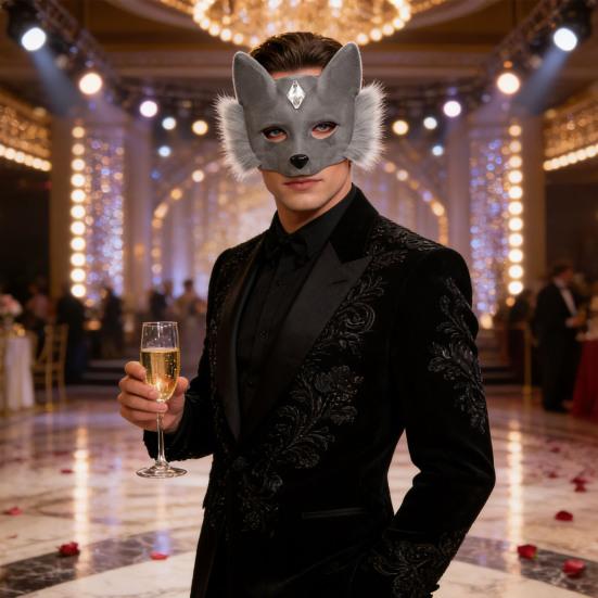 Maska Ochronna na Twarz na Imprezę Pluszowy Lis Wzór Strój Karnawałowy Maska Ochronna na Twarz z Dekoracją ze Sztucznych Kamieni Szlachetnych Halloween Cosplay Akcesorium na Przyjęcie Urodzinowe