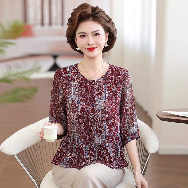 2026 Mother's Day Chiffon Top: Stylish Wide-Cut Shirt for Middle-Aged & Elderly Women