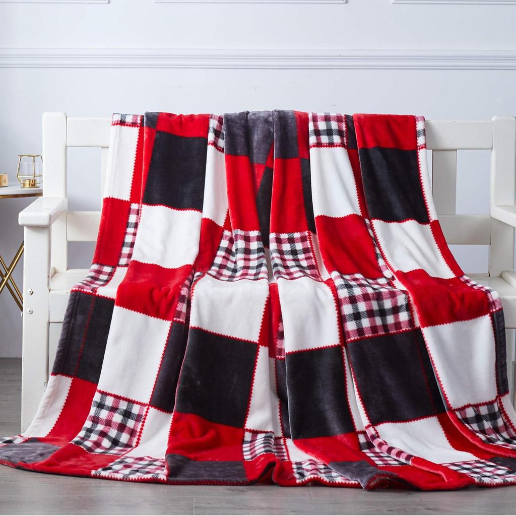 Patchwork Blanket Plush Lightweight Decorative Flannel Blanket for Sofa Travel Camping