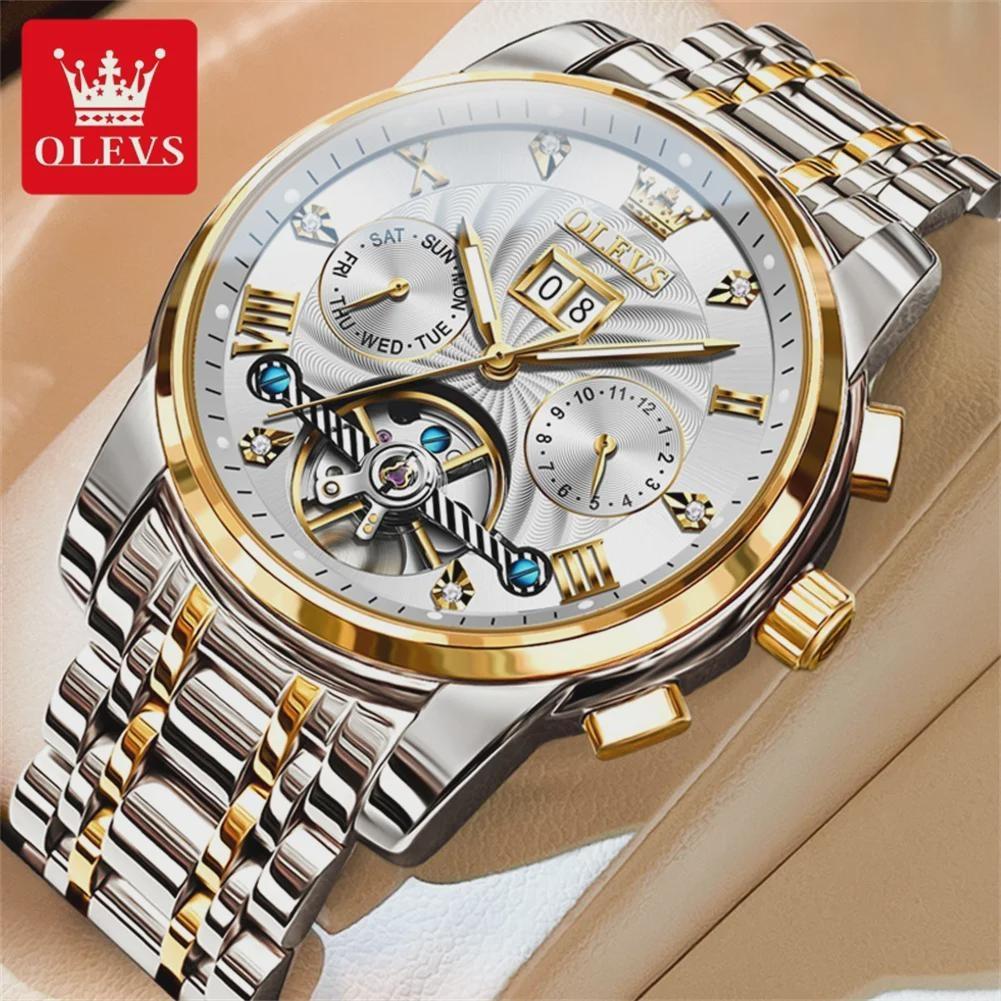 OLEVS Luxury Gold Tourbillon Mechanical Watch for Men Stainless Steel Waterproof Luminous Date Business Mens Watches