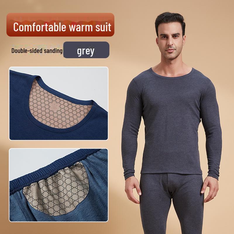 "Men's Black & Gold Patch Thermal Set: Velvet-Lined Autumn/Winter Underwear"