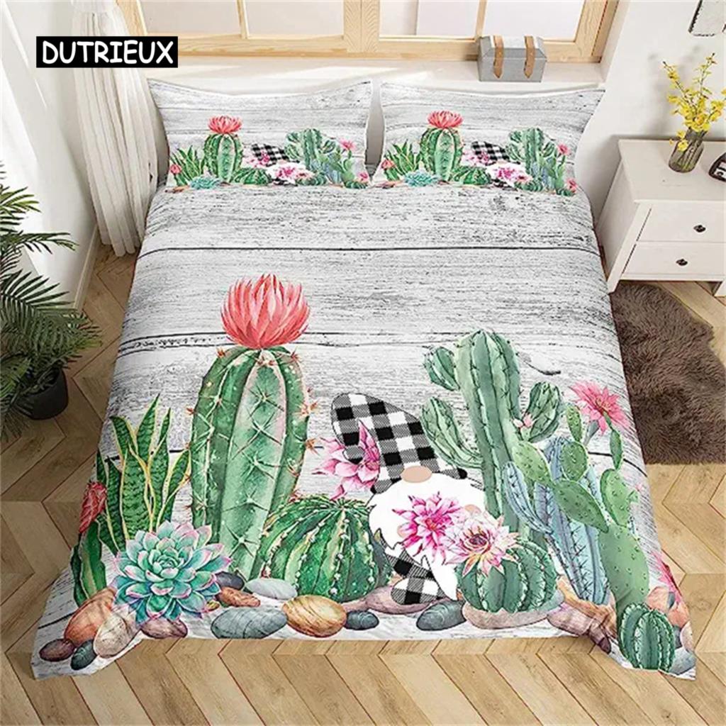 Cartoon Cactus Duvet Cover Green Plants Succulents Bedding Duvet Cover Kids Teens Nature Art Soft Microfiber Bedroom Decorative