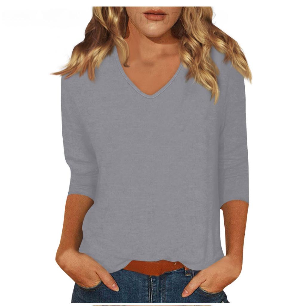 Women's Daily Versatile Casual V-Neck Solid Color Seven-Sleeve T-Shirt Top