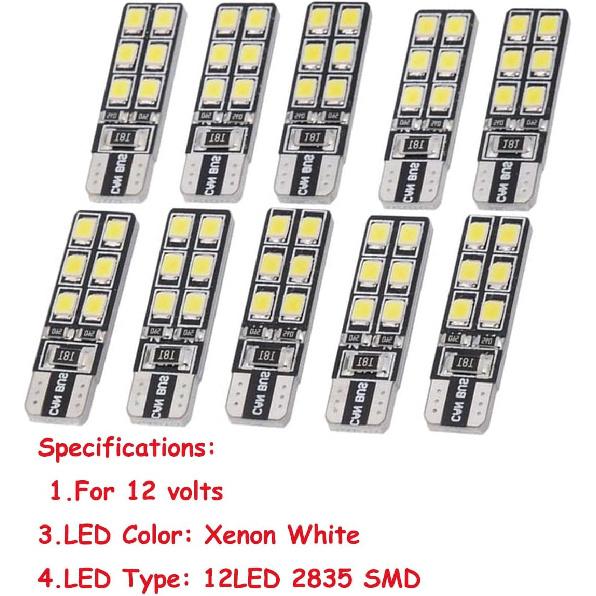 10PCS LED Lights,T10 W5W CANBUS T10 LED 12SMD 2835 Led Error Free 12V Car Light Source Wedge Led Rear Lamp Parking Light Replacement Bulbs