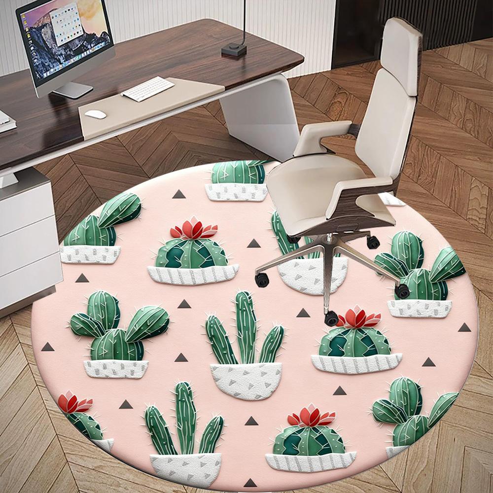 1pc Cactus Pattern Round Chair mat office Area Rug - Non-Slip, Floor Mat for Office, Bedroom, Ideal home decor gift p0105065