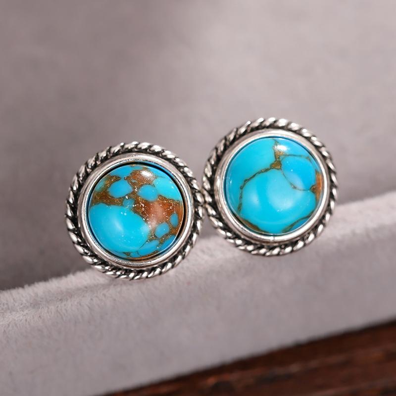 

Huitan Round Imitation Turquoise Stud Earrings for Women Antique Copper Color Vintage Bohemia Style Female Ear Stud 2026 Zircon