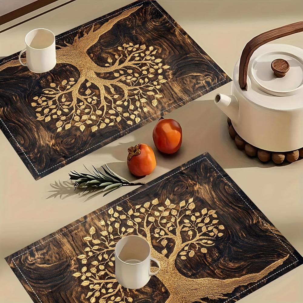 4pcs Artistic Linen Placemats 12x18 Inches - Elegant Golden Tree Design, Ideal for Kitchen & Dining Room Decor, Home Gatherings, and Party Settings,