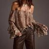 Damen Europäischer Stil Lässig Schulterfrei Bedruckte Langarm Chiffon Bluse