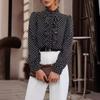 Spring Vintage Lace Ruffled Stand Collar Fashion Polka Dot Shirts Women Long Sleeve Slim Fit Elegant Casual Blouses Women Simple Chic Shirt Tops 26488